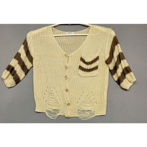 Verty Cropped Sweater Womens One Size Tan Brown Distress Open Knit Buttons Indie